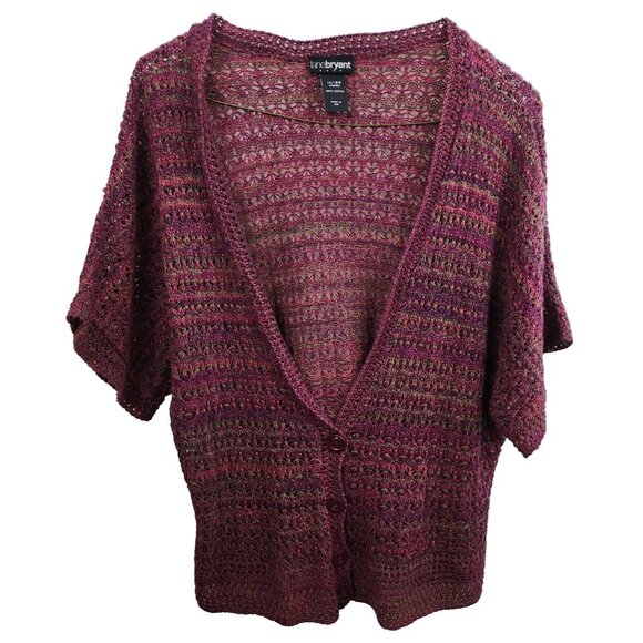 Lane Bryant Womens BOHO Crochet Cardigan 14/16 Maroon Button Front Short Sleeve - Picture 1 of 7